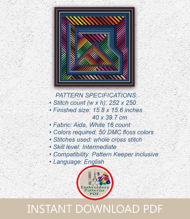 May include: A colorful geometric pattern cross stitch embroidery design with a stitch count of 252 x 250. The finished size is 15.8 x 15.6 inches or 40 x 39.7 cm. The pattern requires 50 DMC floss colors and is suitable for intermediate skill levels. The pattern is compatible with Pattern Keeper software and is available in English.