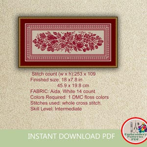 May include: A cross stitch pattern featuring a red and white floral design with a border. The pattern is for a 18 x 7.8 inch project and requires 1 DMC floss color. The pattern is for intermediate skill level. The text "INSTANT DOWNLOAD PDF" is at the bottom of the image.