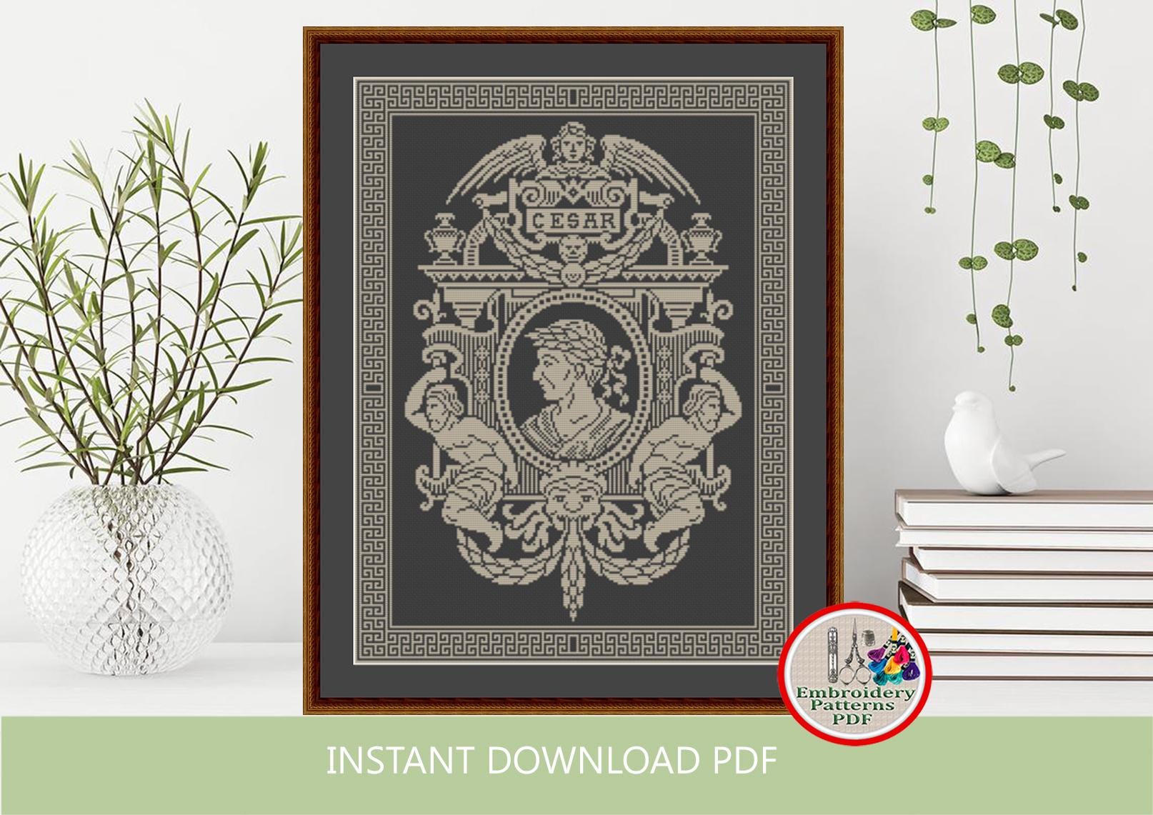 Gaius Julius Caesar Cross Stitch Pattern Monochrome Sampler