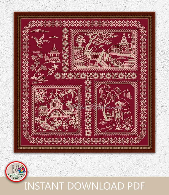 Asian Monochrome Sampler Cross Stitch Pattern Oriental Embroidery