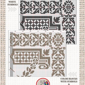 May include: Black and white cross stitch pattern with a geometric design. The pattern is shown in both black and white symbols and color blocks with symbols. The pattern is for embroidery and includes a tablet version.
