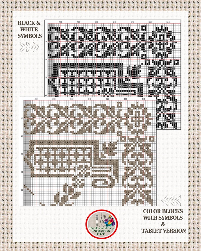 May include: Black and white cross stitch pattern with a geometric design. The pattern is shown in both black and white symbols and color blocks with symbols. The pattern is for embroidery and includes a tablet version.