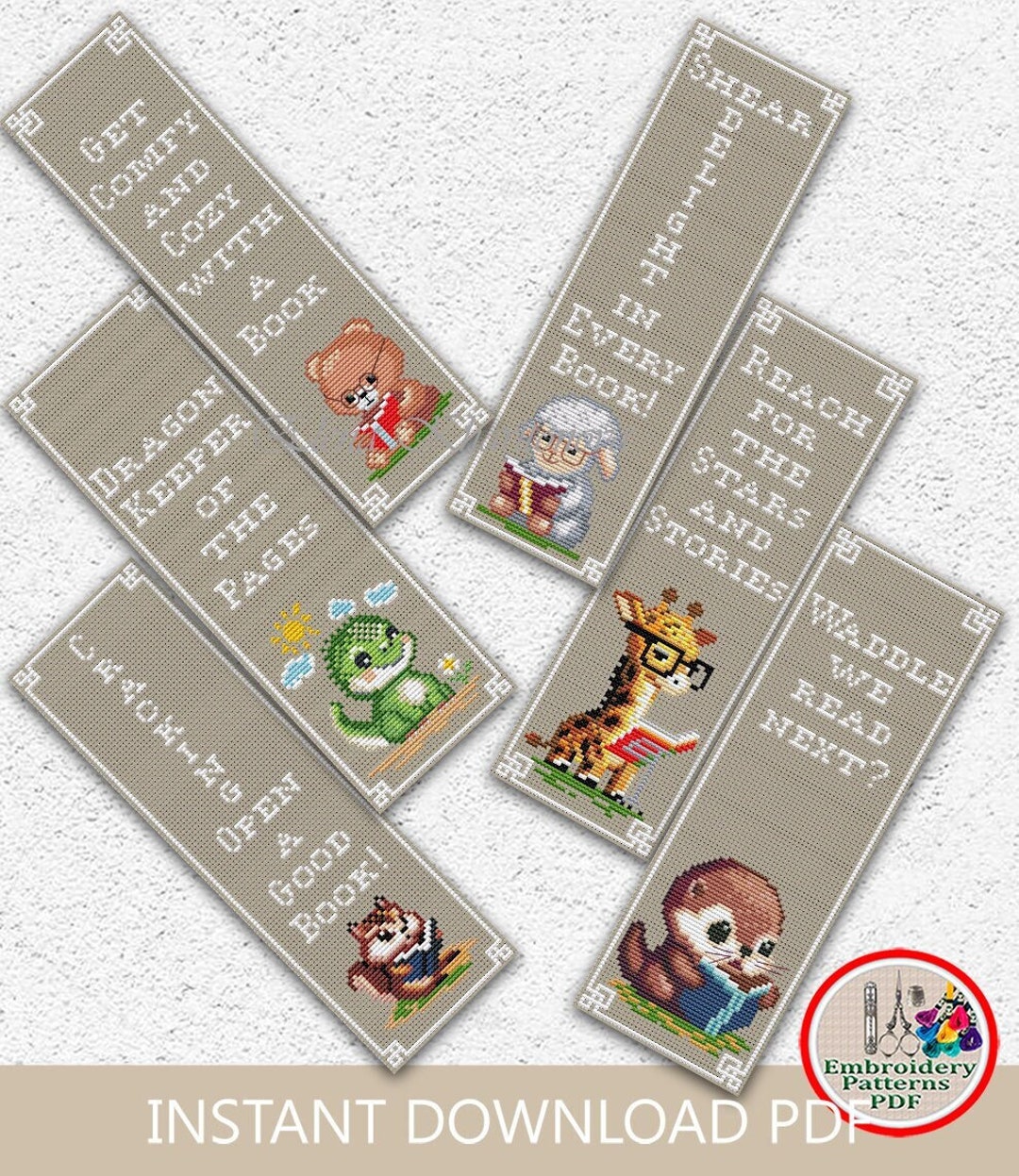 Set of 6 Funny Bookmarks Cross Stitch Pattern Cute Animals Bookmark ...