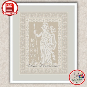 May include: A cross-stitch pattern featuring a white silhouette of a Greek goddess with a spear and shield, surrounded by a beige Greek key border. The text "MINERVA" is visible in the pattern. The pattern is titled "Elena Kharitonova".
