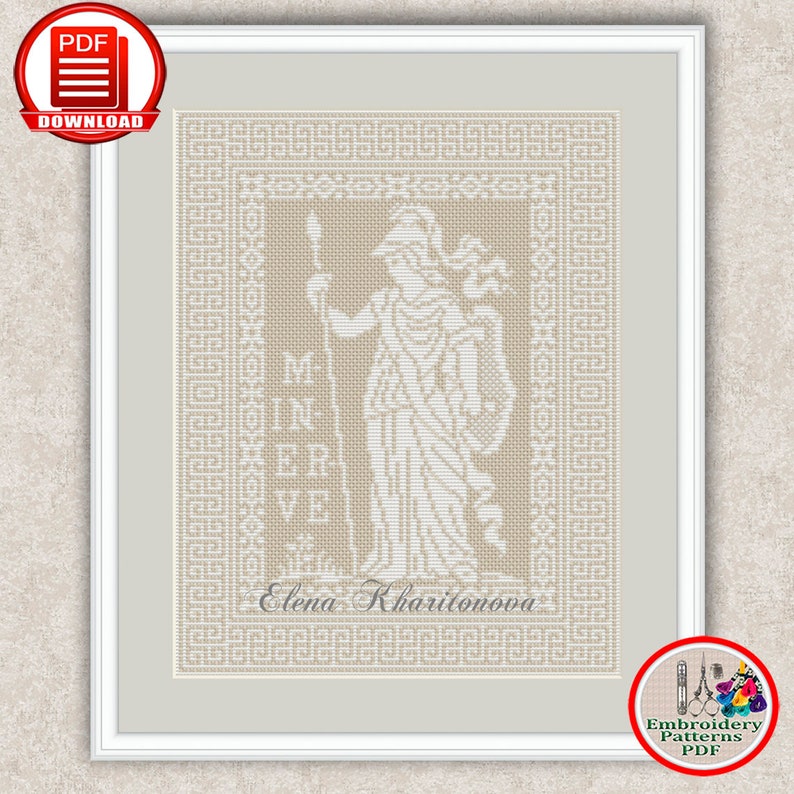 May include: A cross-stitch pattern featuring a white silhouette of a Greek goddess with a spear and shield, surrounded by a beige Greek key border. The text "MINERVA" is visible in the pattern. The pattern is titled "Elena Kharitonova".