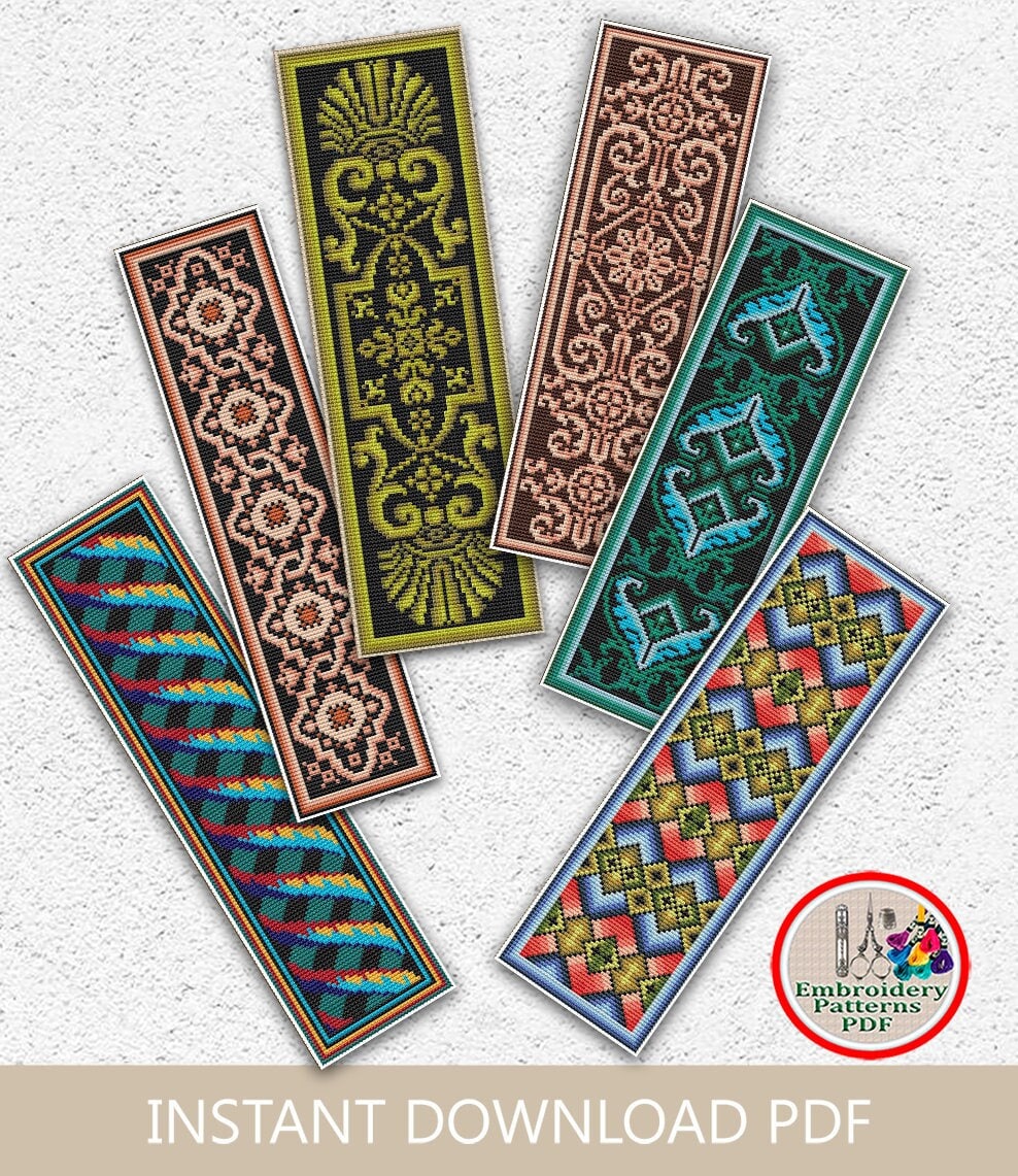 Set of 6 Bookmarks Cross Stitch Pattern Colorful Bookmark Sampler ...