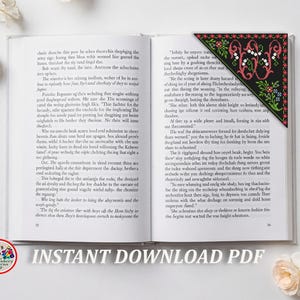Könnte beinhalten: Offenes Buch mit einem schwarzen und roten bestickten Lesezeichen. Das Lesezeichen hat ein Blumendesign. Der Text "INSTANT DOWNLOAD PDF" befindet sich unten, mit einem Logo.