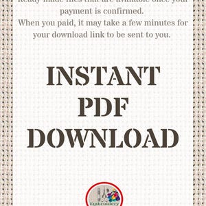 May include: A digital download for an embroidery pattern. The text on the image reads "INSTANT PDF DOWNLOAD" and "Embroidery Patterns PDF".