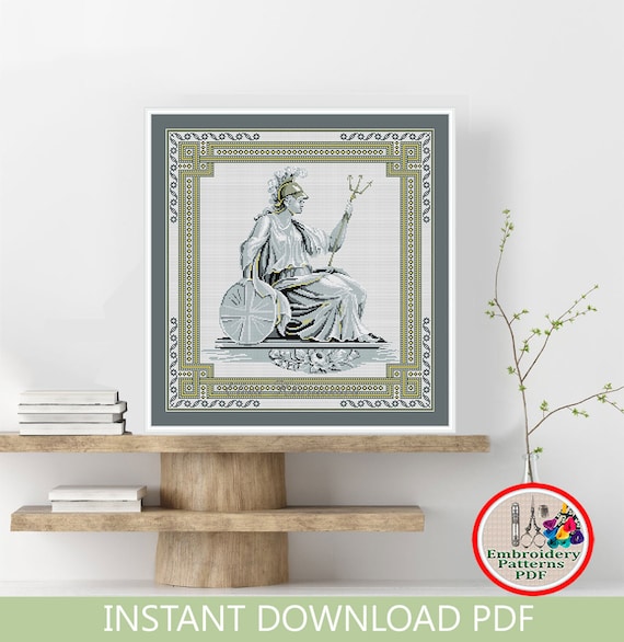 Antique sampler counted cross stitch pattern Ancient warrior woman embroidery design Goddess cross stitch Female warrior xstitch chart #323