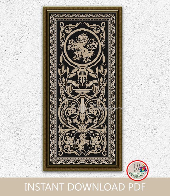 Monochrome Heraldic Lion Cross Stitch Pattern Medieval Monochrome