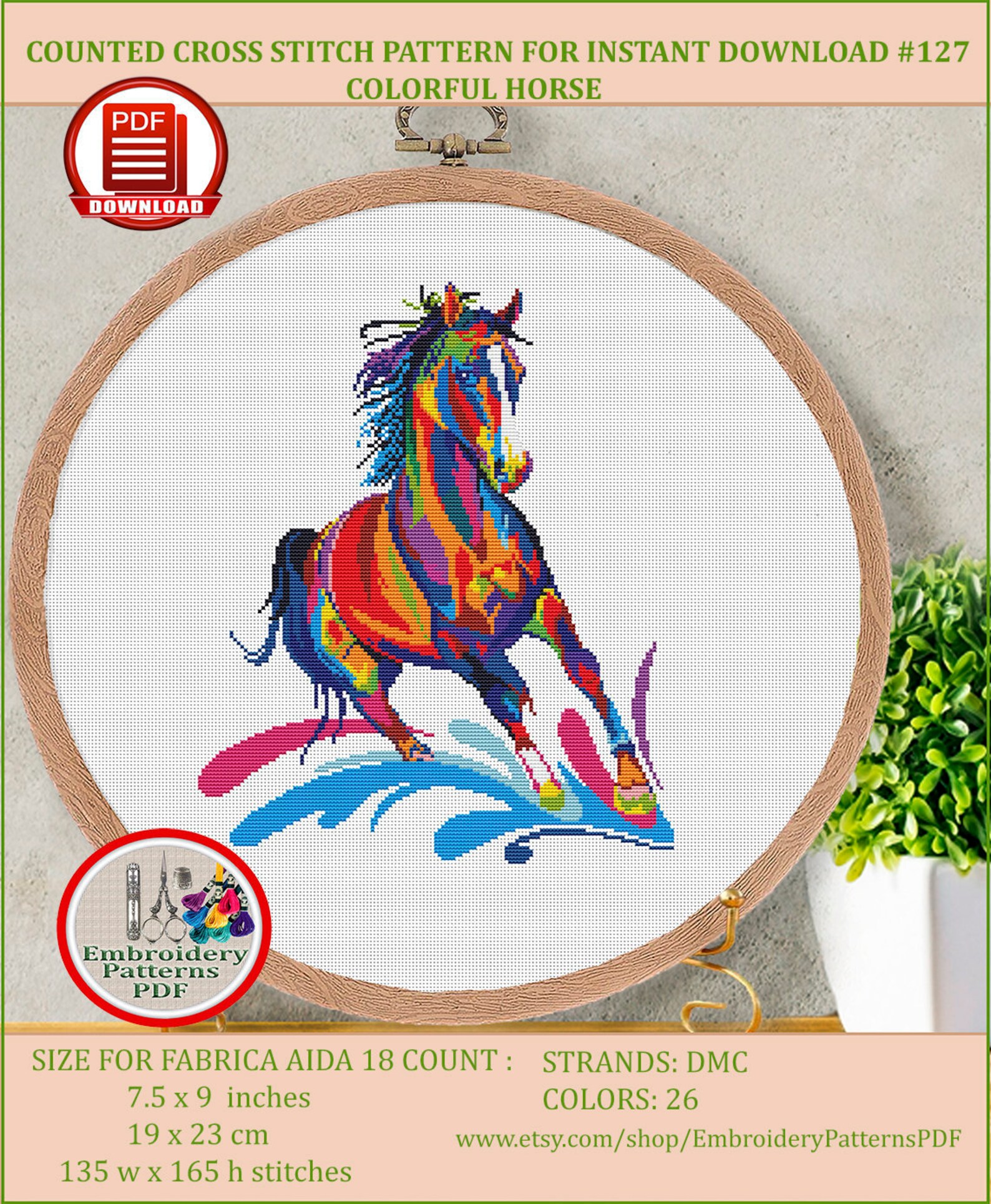 Colorful Horse Modern Counted Cross Stitch Embroidery Design Etsy