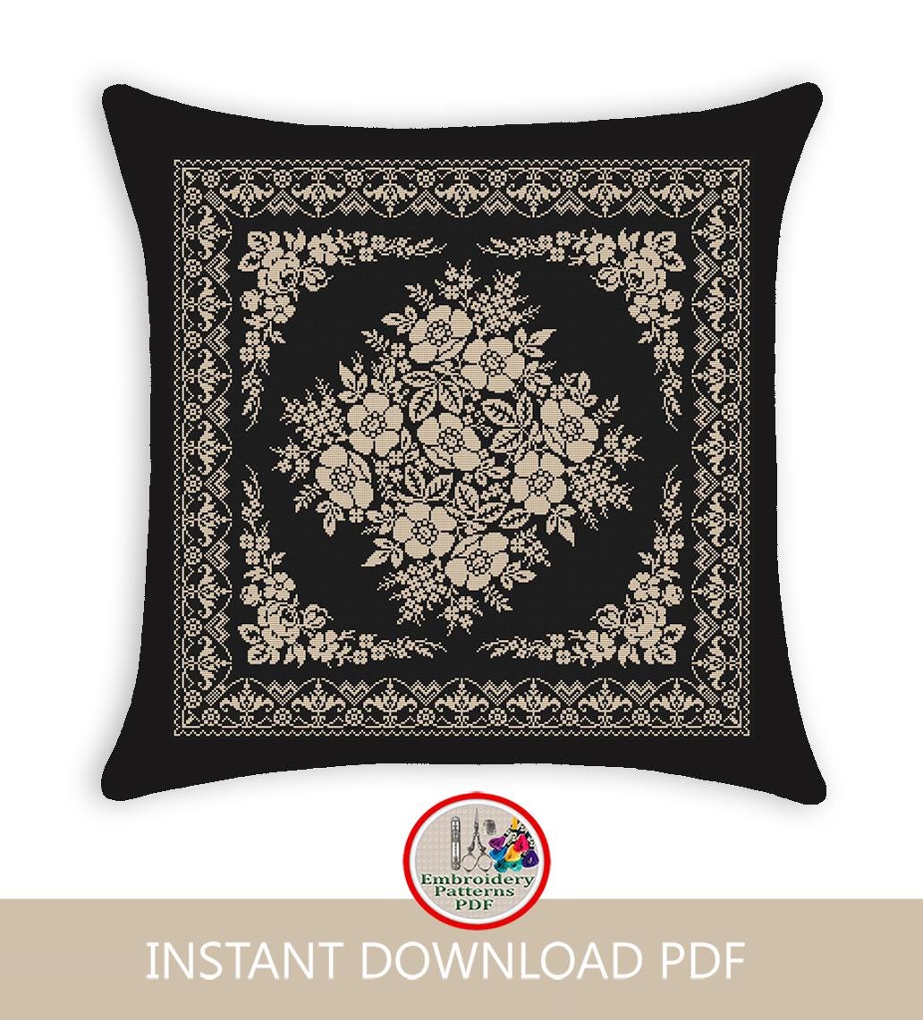 Flowers monochrome sampler cross stitch pattern Pillow cross stitch Vintage  floral embroidery design Antique counted xstitch chart #2039