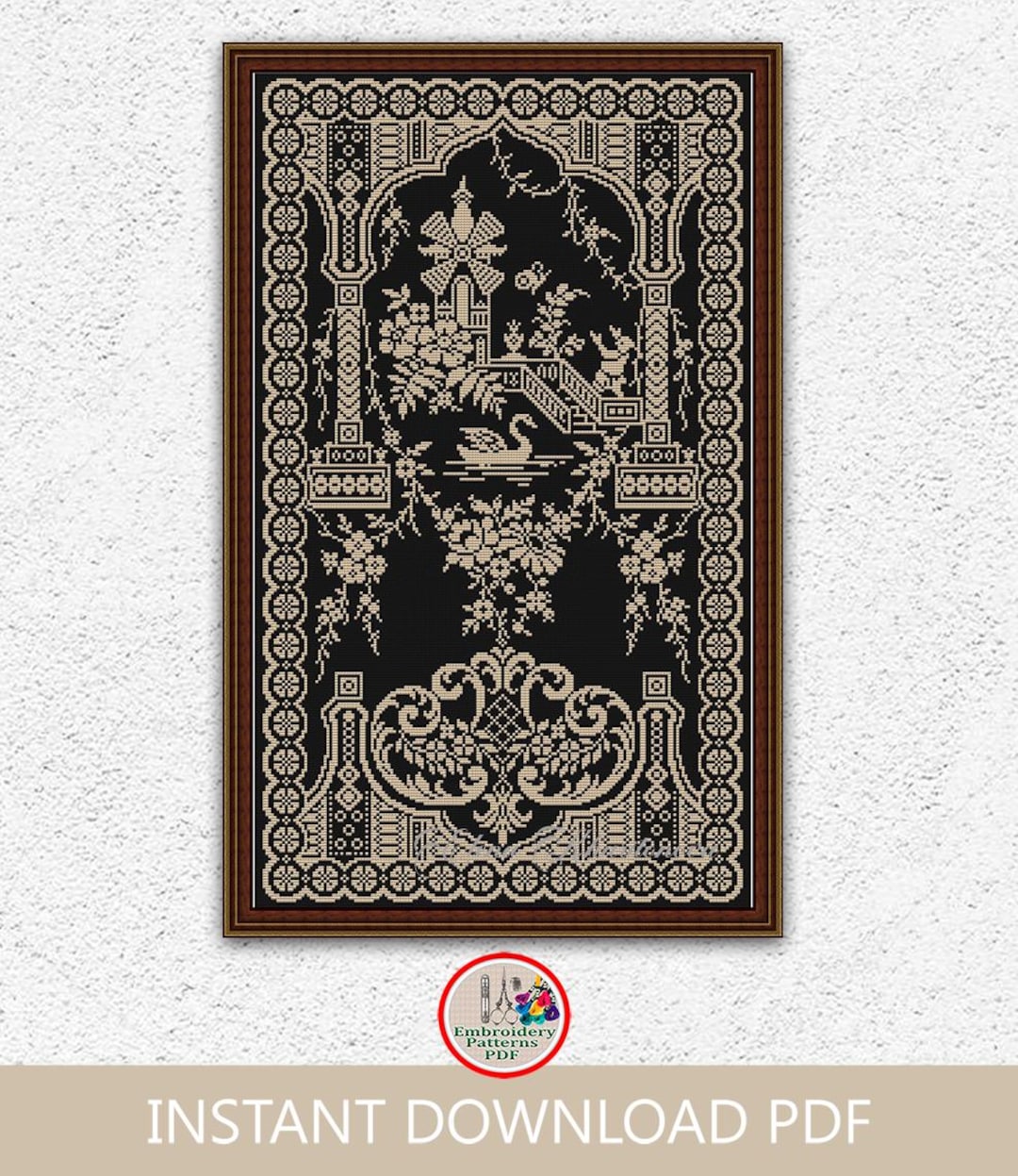 Monochrome Windmill and Swan Cross Stitch Pattern Vintage