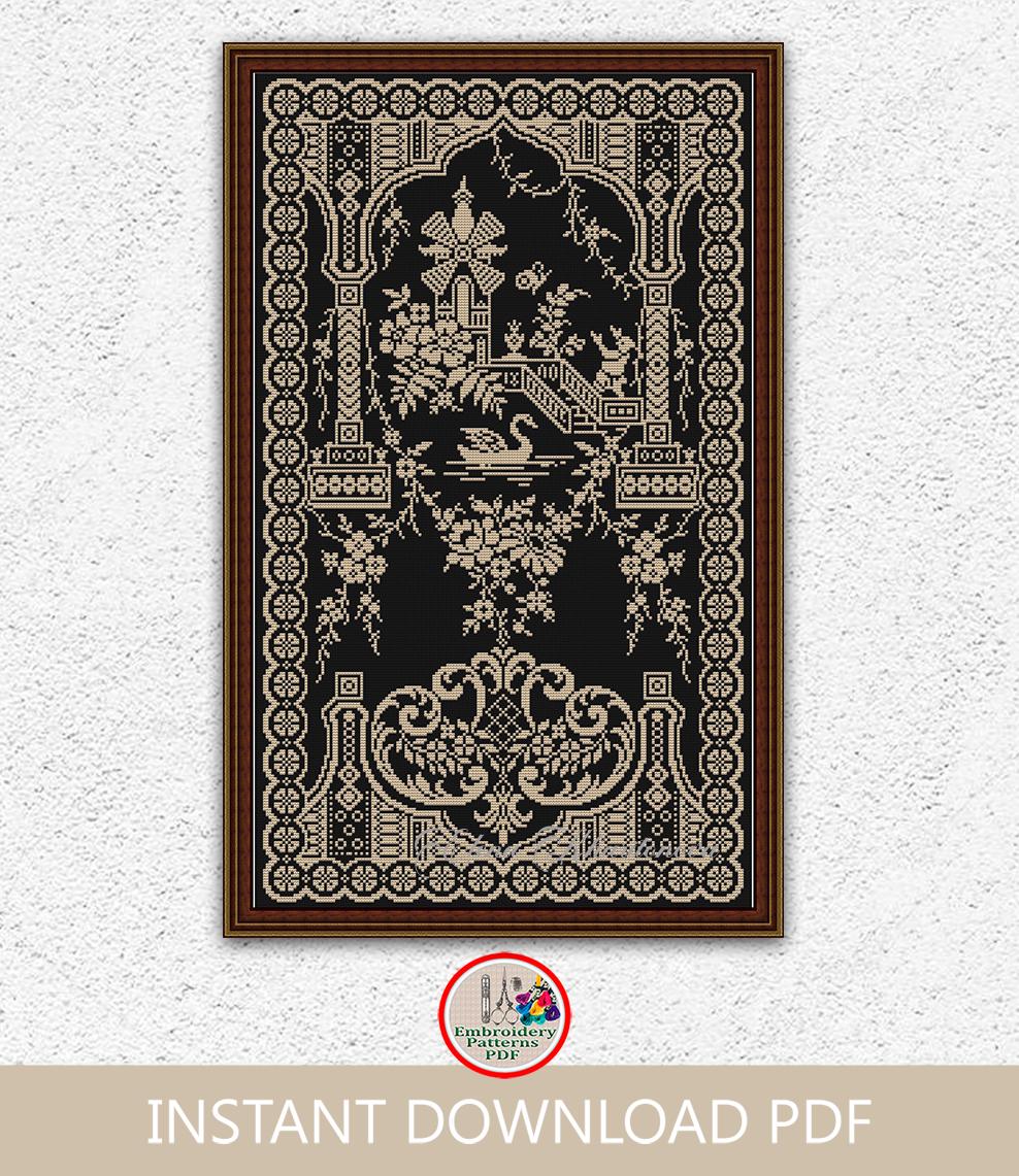 Monochrome Windmill and Swan Cross Stitch Pattern Vintage