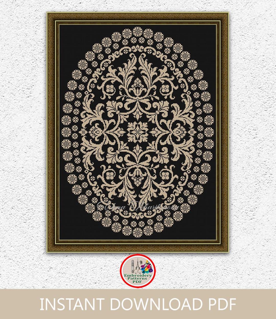 アントステラ　サンプラー（額） Monochrome Sampler Counted Cross Stitch Pattern Antique Oval