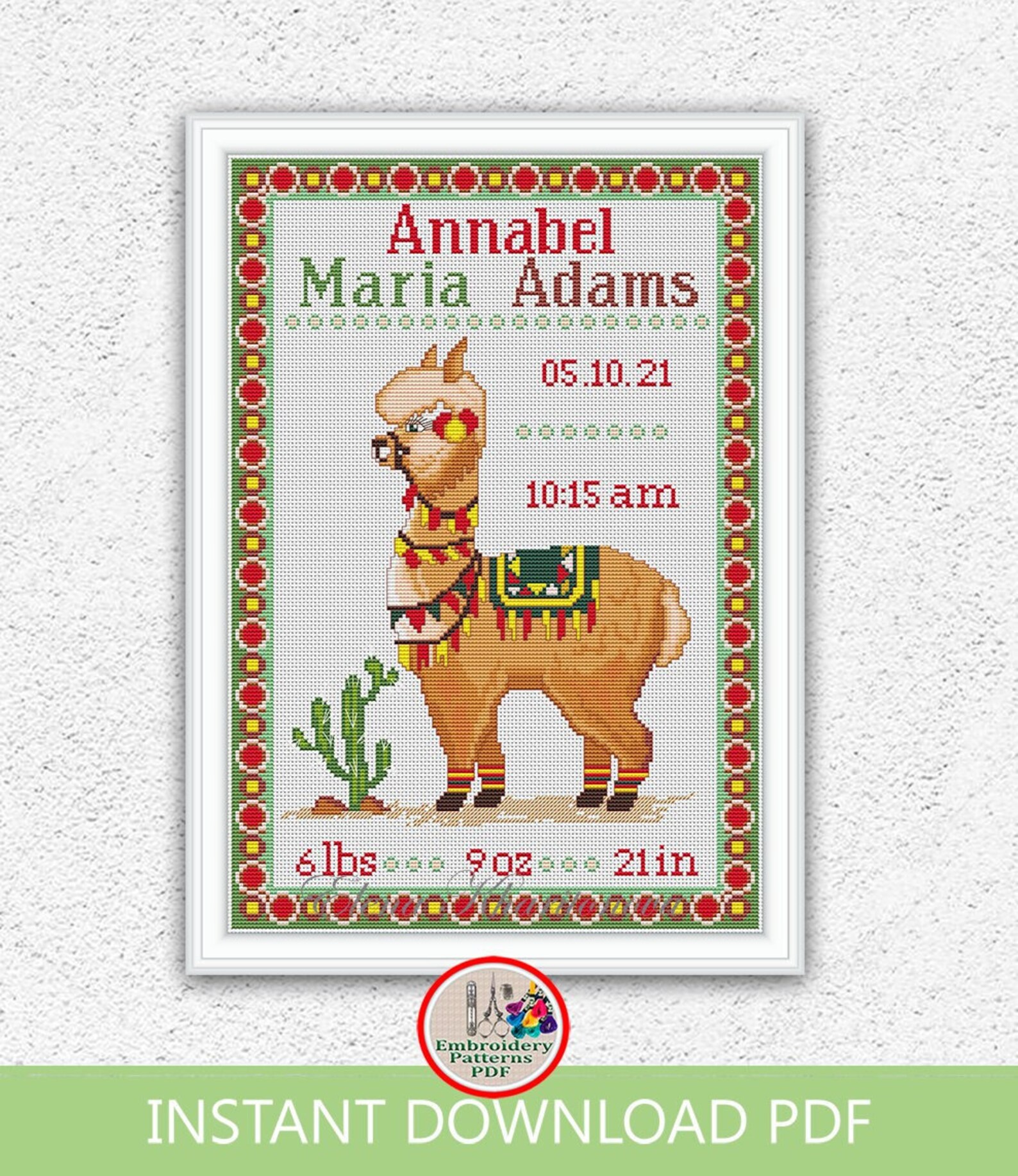 Llama Baby Birth Sampler Counted Cross Stitch Pattern Baby Boy or Girl ...
