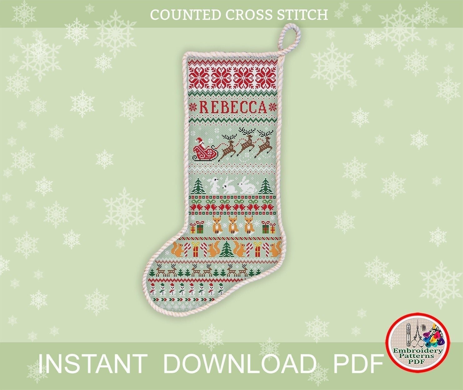Personalized Christmas stocking cross stitch pattern Santa, reindeer, squirrel, bunny, fox, snowman Holiday ornament embroidery xstitch #504