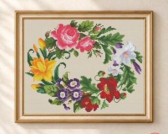 Floral Wreath Cross Stitch Antique Pattern Vintage Flowers Embroidery Roses Lilies Bellflowers Xstitch #686