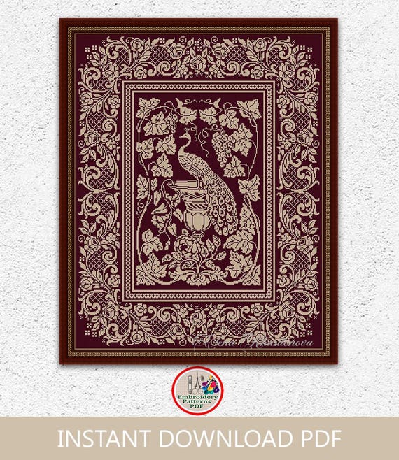 アンティーク　大きな　サンプラー　クロスステッチ　刺繍　インテリア　100年 モノクロの孔雀のクロスステッチパターン、ヴィンテージのモノクロ