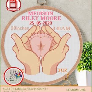 Personalized birth announcement cross stitch pattern Baby boy girl birth sampler embroidery design Hands hold baby feet xstitch chart #17