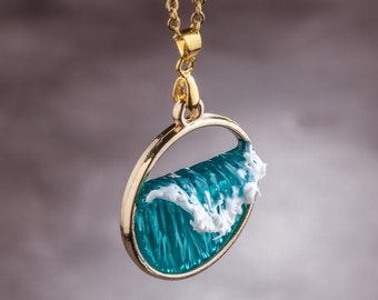 Golden 3d Ocean Wave Necklace Gift for Sea and Ocean Lovers