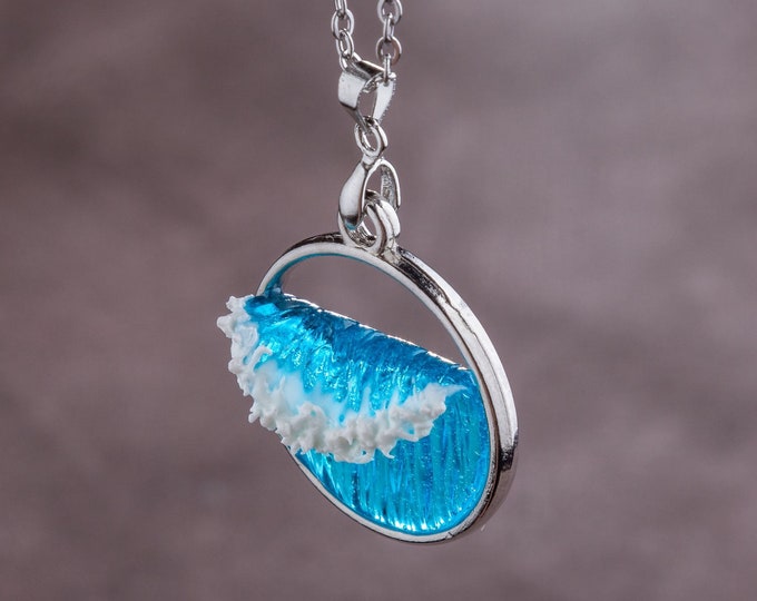 Handmade Silver Ocean Wave Necklace: Resin Sea Jewelry