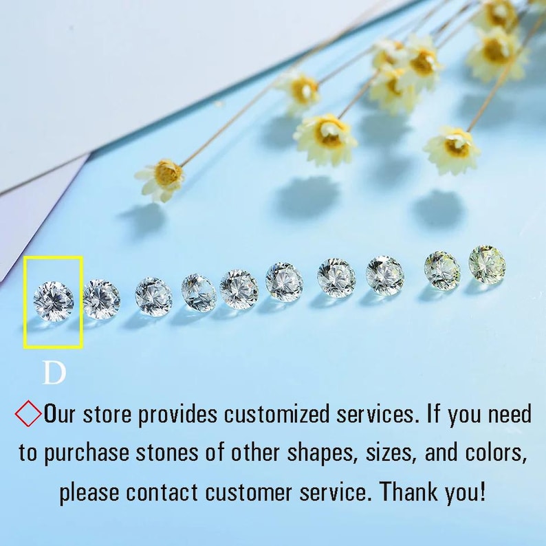 May include: A collection of sparkling, round-cut gemstones arranged in a row. The gems are clear and faceted, reflecting light. The background is a light blue surface with delicate yellow flowers. Text in the image offers custom services.