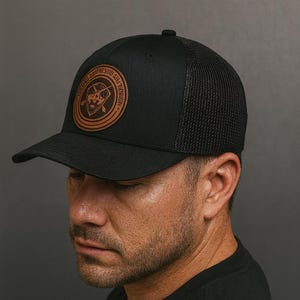 Custom Leather Patch Trucker Hat: Laser Engraved your logo or text