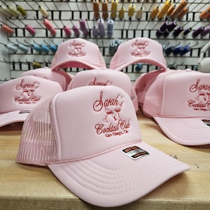 Custom embroidered foam trucker hat personalized with your logo, text or design, perfect for business logos, company hats, bachelorette parties, bridal parties, girls trips, weddings, birthdays, vacations, group events and personalized gifts.