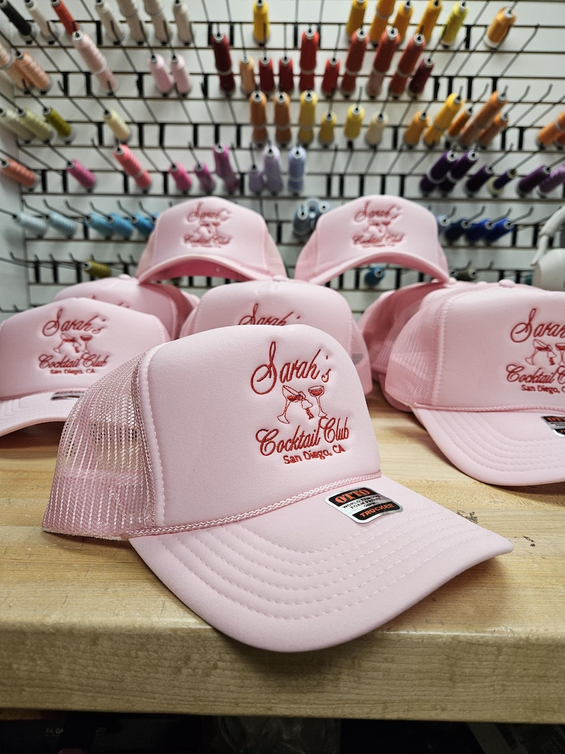 Custom embroidered foam trucker hat personalized with your logo, text or design, perfect for business logos, company hats, bachelorette parties, bridal parties, girls trips, weddings, birthdays, vacations, group events and personalized gifts.