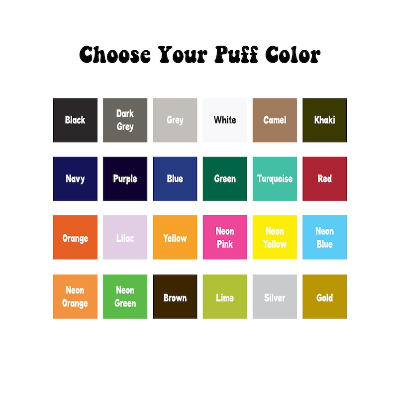 Op de afbeelding: Een kleurenkaart met 24 kleurstalen, die een verscheidenheid aan kleuren laat zien, waaronder zwart, wit, grijs, marineblauw, paars, blauw, groen, turquoise, rood, oranje, lila, geel, neonroze, neongeel, neonblauw, neonoranje, neongroen, bruin, limoen, zilver en goud.