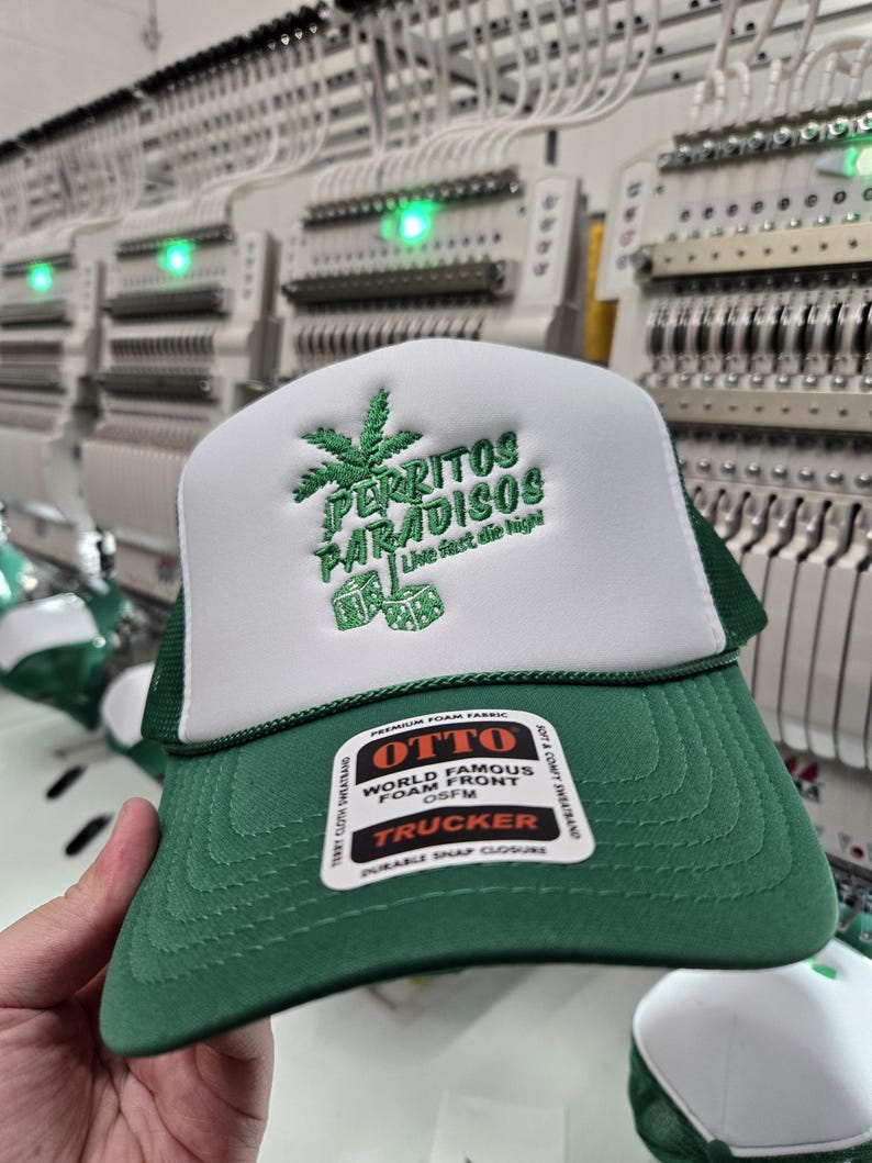 Custom embroidered foam trucker hat personalized with your logo, text or design, perfect for business logos, company hats, bachelorette parties, bridal parties, girls trips, weddings, birthdays, vacations, group events and personalized gifts.
