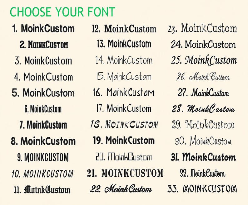 K&ouml;nnte beinhalten: Eine Schriftart-Auswahltabelle mit der &Uuml;berschrift CHOOSE YOUR FONT, die 33 nummerierte Optionen des Textes MoinkCustom in verschiedenen schwarzen Schriftarten zeigt, von fetten serifenlosen und Serifenschriften bis hin zu dekorativen, kursiven und stilisierten Designs.