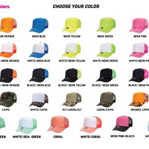 May include: A variety of trucker hats in different colors and patterns, including neon orange, neon blue, neon yellow, neon green, neon pink, white, black, camo, seafoam green, coral, and white/baby blue.