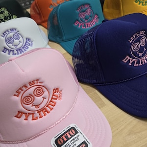 Custom embroidered foam trucker hat personalized with your logo, text or design, perfect for business logos, company hats, bachelorette parties, bridal parties, girls trips, weddings, birthdays, vacations, group events and personalized gifts.
