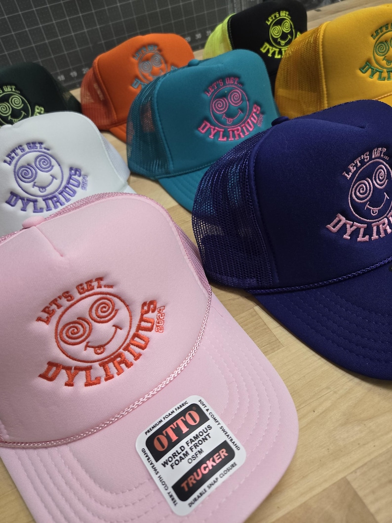 Custom embroidered foam trucker hat personalized with your logo, text or design, perfect for business logos, company hats, bachelorette parties, bridal parties, girls trips, weddings, birthdays, vacations, group events and personalized gifts.