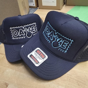Custom embroidered foam trucker hat personalized with your logo, text or design, perfect for business logos, company hats, bachelorette parties, bridal parties, girls trips, weddings, birthdays, vacations, group events and personalized gifts.