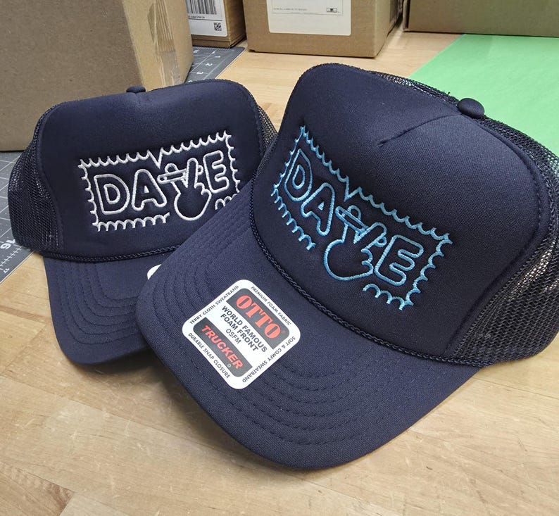 Custom embroidered foam trucker hat personalized with your logo, text or design, perfect for business logos, company hats, bachelorette parties, bridal parties, girls trips, weddings, birthdays, vacations, group events and personalized gifts.