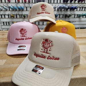 Custom embroidered foam trucker hat personalized with your logo, text or design, perfect for business logos, company hats, bachelorette parties, bridal parties, girls trips, weddings, birthdays, vacations, group events and personalized gifts.