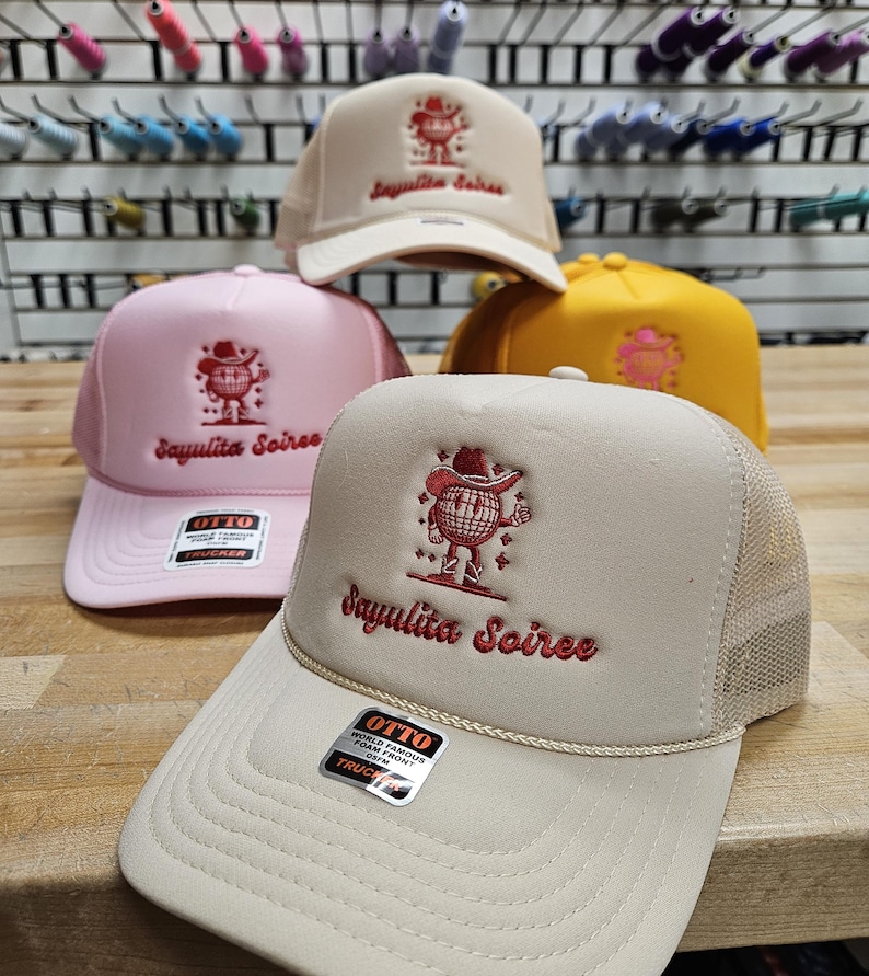 Custom embroidered foam trucker hat personalized with your logo, text or design, perfect for business logos, company hats, bachelorette parties, bridal parties, girls trips, weddings, birthdays, vacations, group events and personalized gifts.