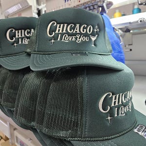 Custom embroidered foam trucker hat personalized with your logo, text or design, perfect for business logos, company hats, bachelorette parties, bridal parties, girls trips, weddings, birthdays, vacations, group events and personalized gifts.