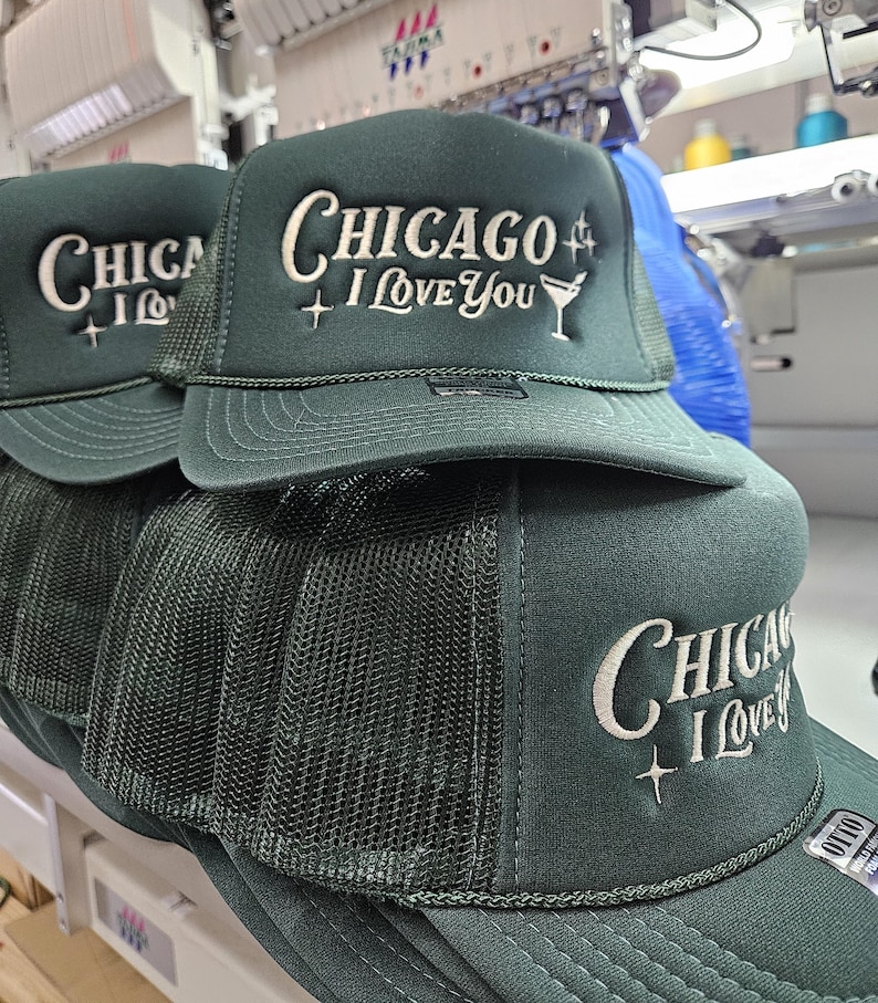 Custom embroidered foam trucker hat personalized with your logo, text or design, perfect for business logos, company hats, bachelorette parties, bridal parties, girls trips, weddings, birthdays, vacations, group events and personalized gifts.