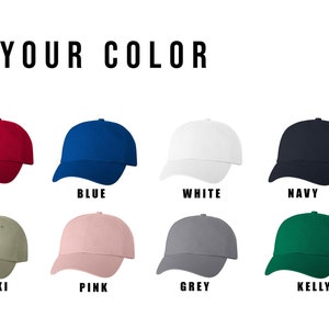 May include: Image displays a variety of baseball caps in different colors: black, red, blue, white, navy, orange, baby blue, khaki, pink, grey, and kelly green. Text at the top reads "CHOOSE YOUR COLOR."