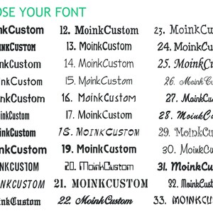 May include: Image displaying a selection of 33 different font styles, each labeled with a number and the name "MoinkCustom." The text "CHOOSE YOUR FONT" is at the top in a green font. The fonts vary in style, from bold to script.