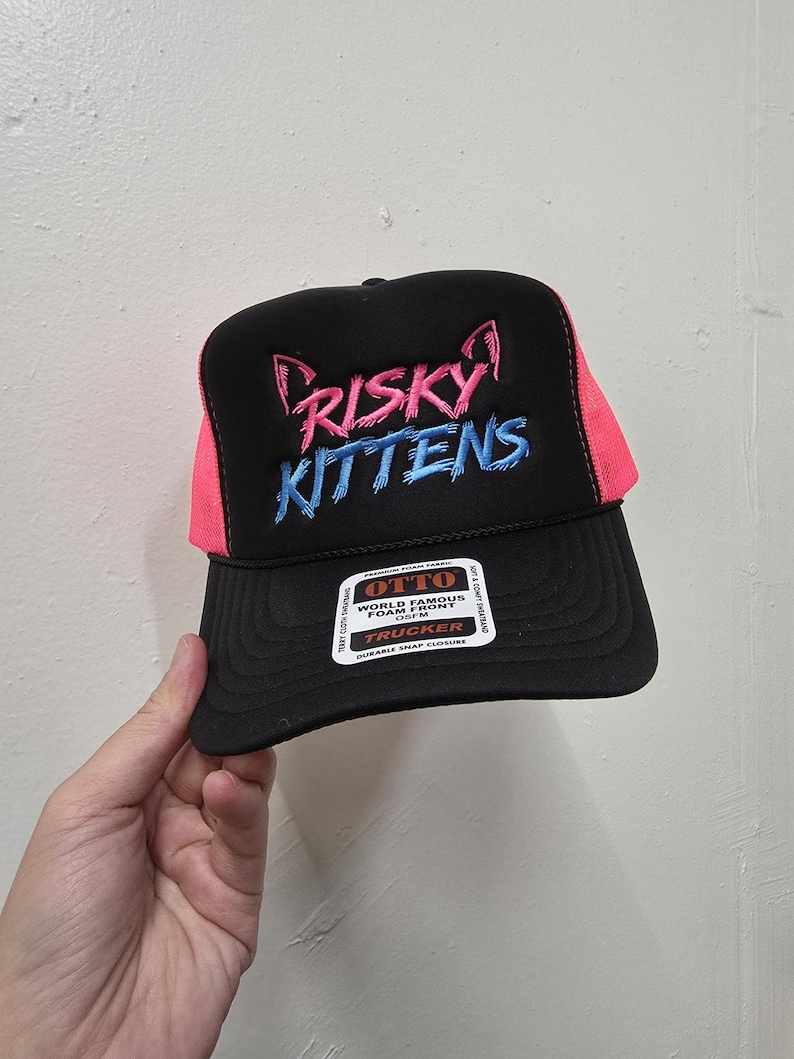 Custom embroidered foam trucker hat personalized with your logo, text or design, perfect for business logos, company hats, bachelorette parties, bridal parties, girls trips, weddings, birthdays, vacations, group events and personalized gifts.