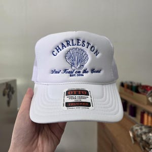 Custom embroidered foam trucker hat personalized with your logo, text or design, perfect for business logos, company hats, bachelorette parties, bridal parties, girls trips, weddings, birthdays, vacations, group events and personalized gifts.