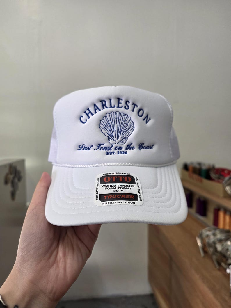 Custom embroidered foam trucker hat personalized with your logo, text or design, perfect for business logos, company hats, bachelorette parties, bridal parties, girls trips, weddings, birthdays, vacations, group events and personalized gifts.