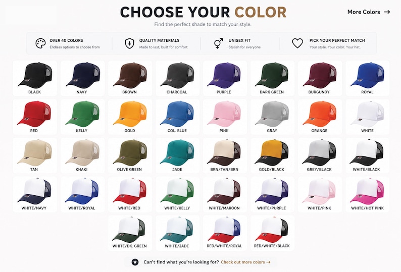 K&ouml;nnte beinhalten: Eine Farbkarte mit &uuml;ber 40 Trucker-Caps in verschiedenen Unifarben und zweifarbigen Kombinationen. Der Text CHOOSE YOUR COLOR steht oben, gefolgt von Symbolen und Beschriftungen f&uuml;r Materialqualit&auml;t und Unisex-Passform. Jede Kappe ist farblich beschriftet.