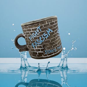 May include: A ceramic mug with a brick-like pattern and the words "FIGHT FASCISM" and "STAND TOGETHER" in blue lettering. The mug is brown with a dark brown handle and is positioned above water, with water splashing around it.