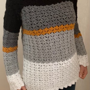 Slanted Squares Womens Sweater, Crochet Pattern English USA, Long Sleeve Striped Pullover, Beginner Friendly Crochet Sweater Pattern